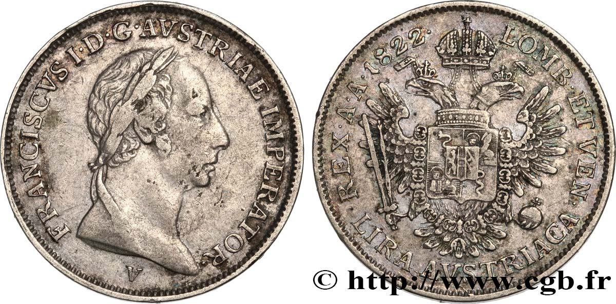 ITALY - LOMBARDY - VENETIA 1 Lira Royaume Lombardo-Vénitien François Ier d’Autriche 1822 Venise - V XF 