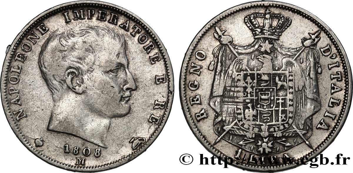 ITALIA - REINO DE ITALIA - NAPOLEóNE I 1 Lira étoiles en creux sur la tranche 1808 Milan - M BC+ 