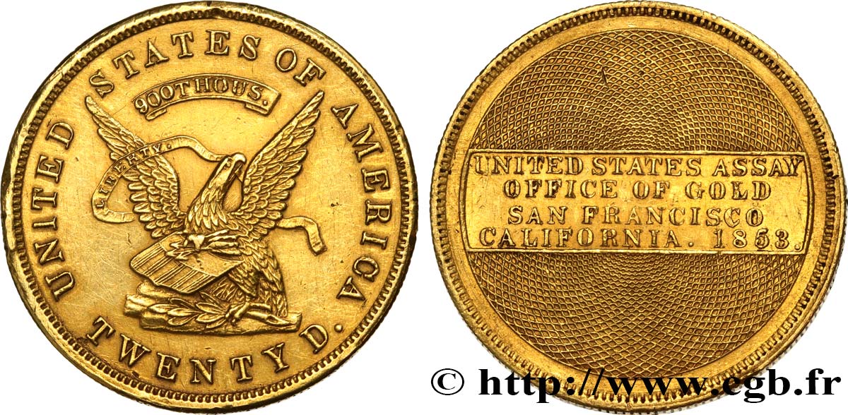 UNITED STATES OF AMERICA 20 Dollars Assay Office of gold 1853  AU 