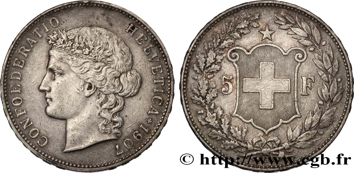 SWITZERLAND 5 Francs Helvetia 1907 Berne XF/AU 