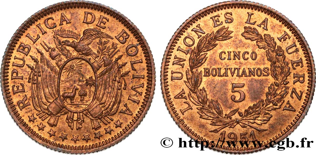 BOLIVIE 5 Bolivianos 1951 Heaton SUP 