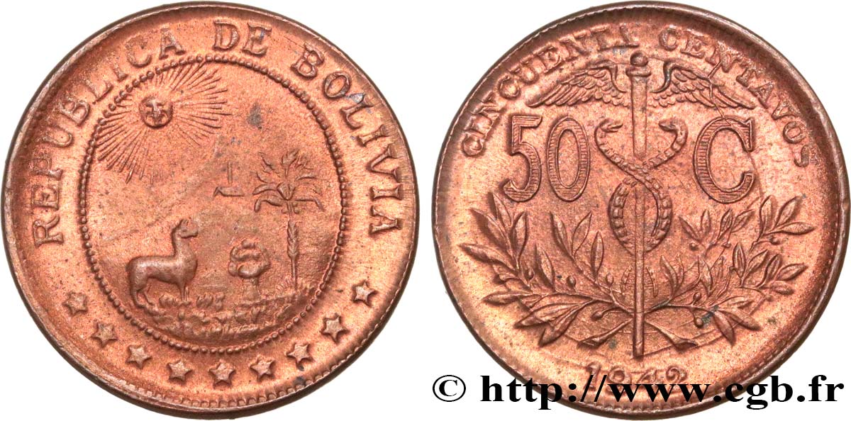BOLIVIE 50 Centavos (refrappe) 1942  SUP 
