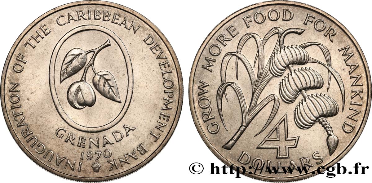 GRENADA 4 Dollars inauguration de la Banque de Développement des Caraïbes / canne à sucre et régime de bananes 1970  fST 