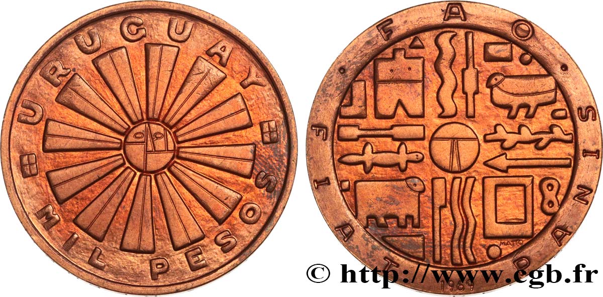URUGUAY Essai cuivre 1000 Pesos F.A.O. 1969 Santiago SC 