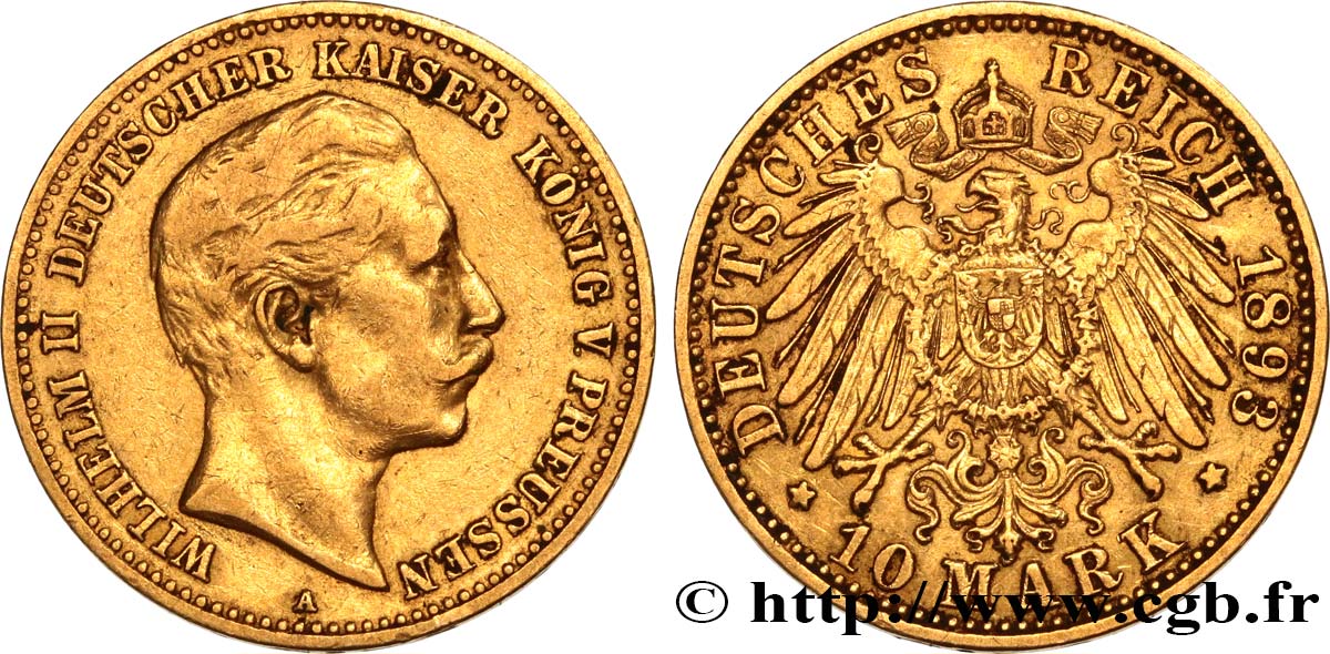 GERMANY - PRUSSIA 10 Mark Guillaume II 1893 Berlin XF 