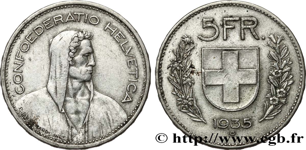 SWITZERLAND 5 Francs Berger des Alpes 1935 Berne XF 