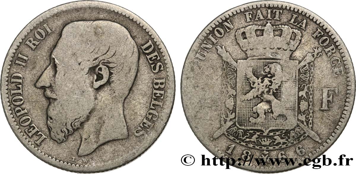 BELGIQUE 2 Francs Léopold II légende française 1866  TB
 