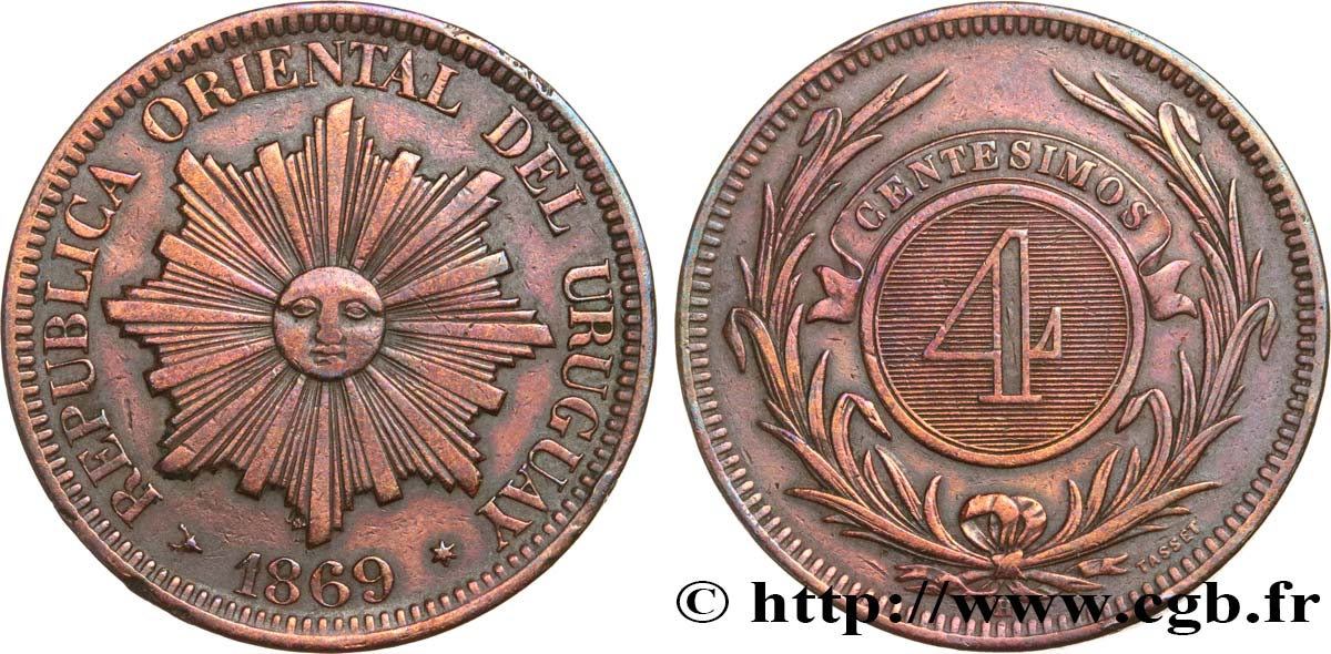 URUGUAY 4 Centesimos 1869 Heaton MBC 