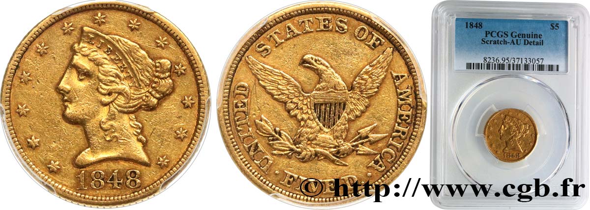 ÉTATS-UNIS D AMÉRIQUE 5 Dollars  Liberty  1848 Philadelphie TTB PCGS