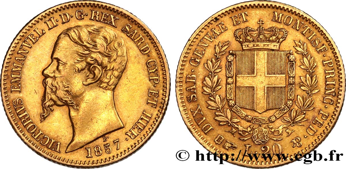ITALIA - REINO DE CERDEÑA 20 Lire Victor Emmanuel II 1857 Turin MBC+ 