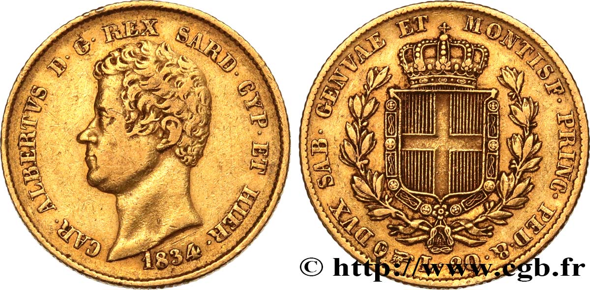 ITALY - KINGDOM OF SARDINIA 20 Lire Charles-Albert 1834 Turin VF 