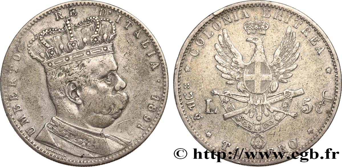 ERITREA - KINGDOM OF ITALY - UMBERTO I Tallero ou 5 Lire 1891 Rome VF 