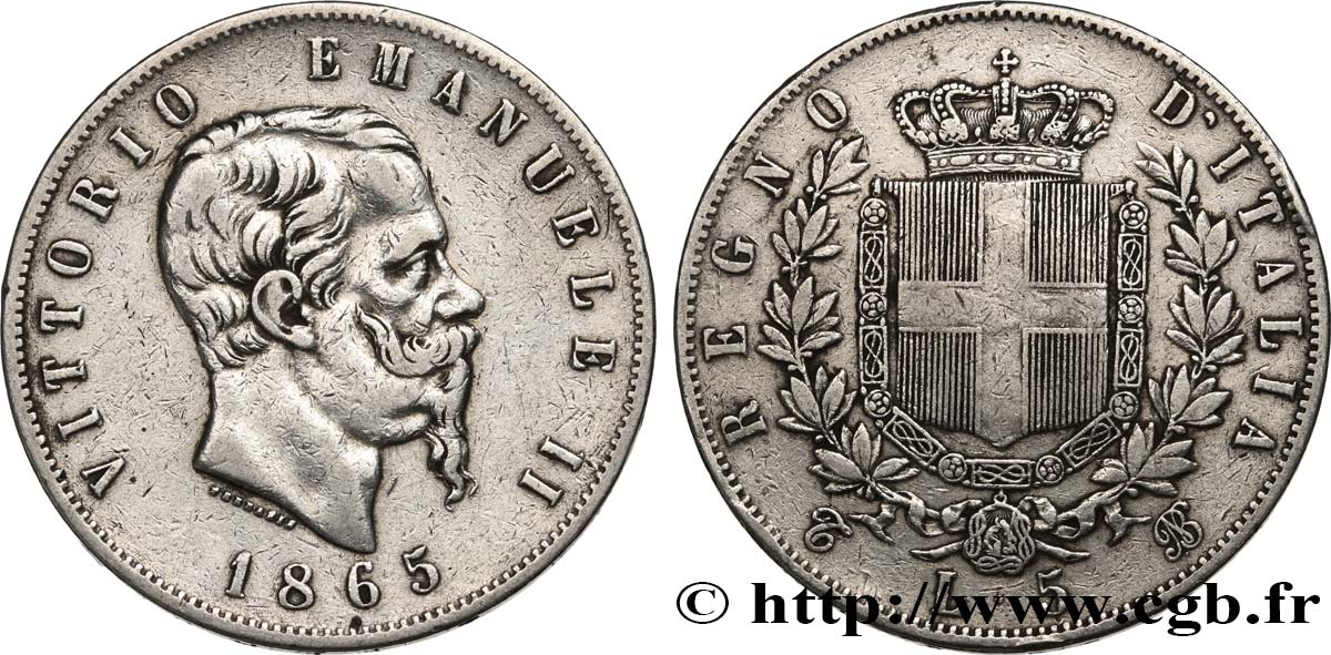 ITALIE - ROYAUME D ITALIE - VICTOR-EMMANUEL II 5 Lire 1865 Turin TTB 