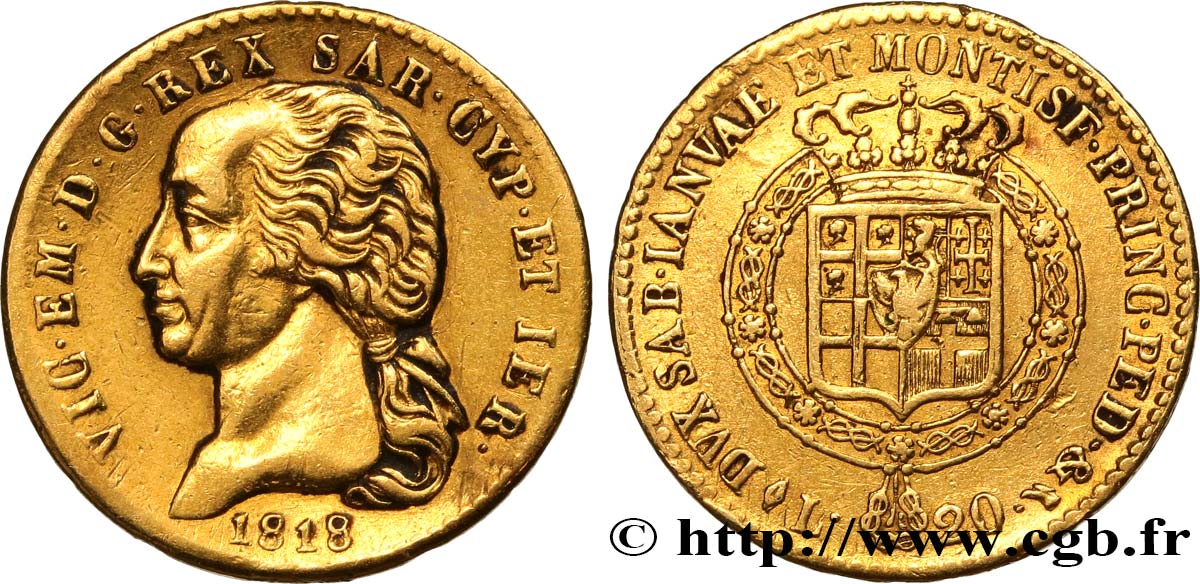 ITALY - KINGDOM OF SARDINIA - VICTOR-EMMANUEL I 20 Lire 1818 Turin XF 