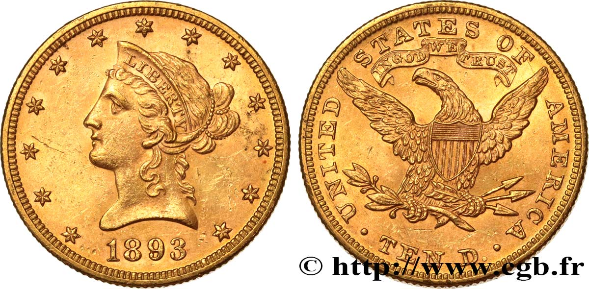 ÉTATS-UNIS D AMÉRIQUE 10 Dollars  Liberty  1893 Philadelphie VZ/fST GENI