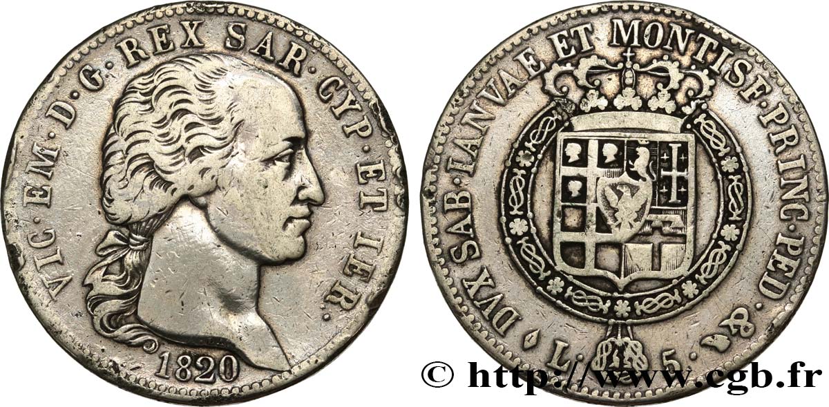 ITALIE - ROYAUME DE SARDAIGNE - VICTOR-EMMANUEL Ier 5 Lire 1820 Turin q.BB 