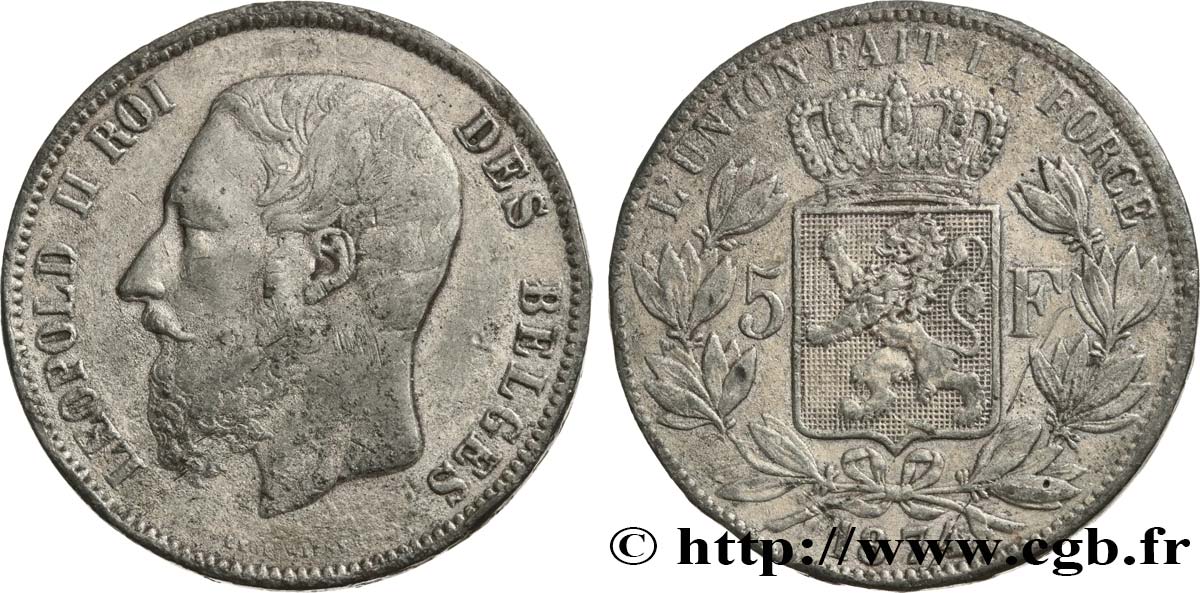 BELGIUM 5 Francs Léopold II faux en étain 1873  VF 
