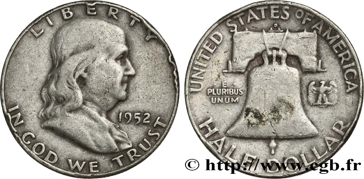 UNITED STATES OF AMERICA 1/2 Dollar Benjamin Franklin 1952 Denver VF 