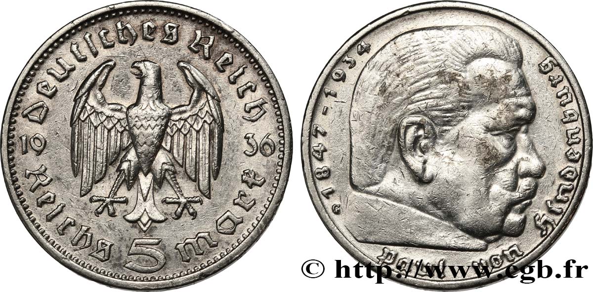 DEUTSCHLAND 5 Reichsmark Maréchal Paul von Hindenburg 1936 Karlsruhe SS 