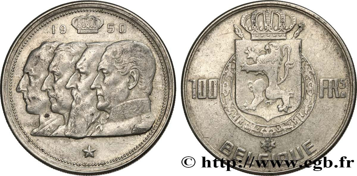 BELGIQUE 100 Francs portraits des quatre rois de Belgique, légende française 1950  TTB 