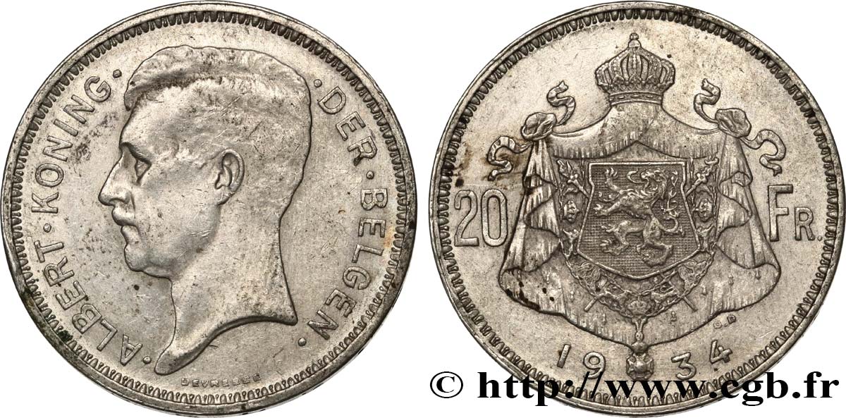 BELGIQUE 20 Francs Albert Ier légende Flamande position B 1934  TB+ 
