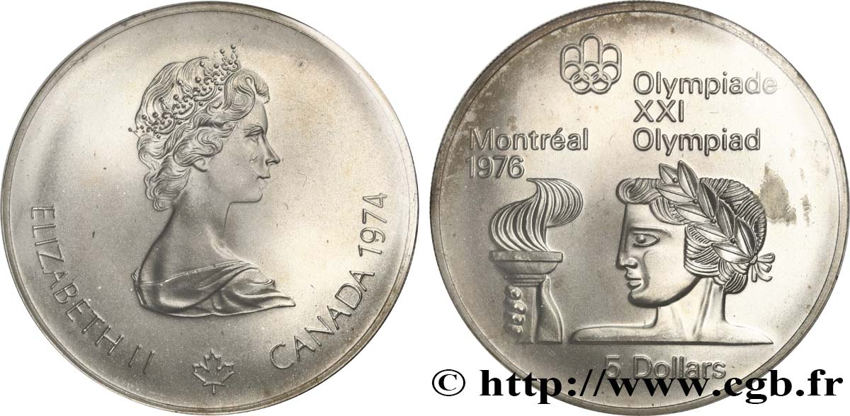 CANADA 5 Dollars JO Montréal 1976 torche olympique / Elisabeth II 1974  FDC 