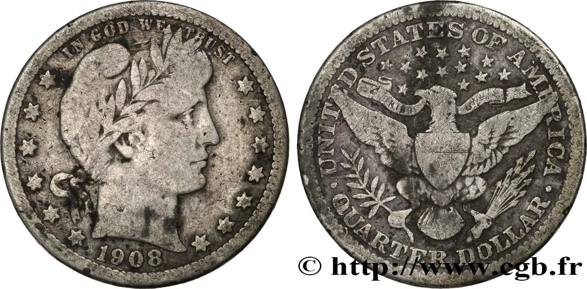 UNITED STATES OF AMERICA 1/4 Dollar Barber 1908 Philadelphie VF 