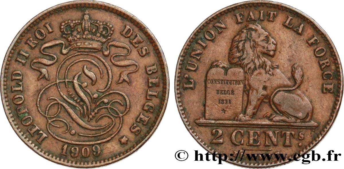 BÉLGICA 2 Centimes lion monogramme de Léopold II légende française 1909  MBC 
