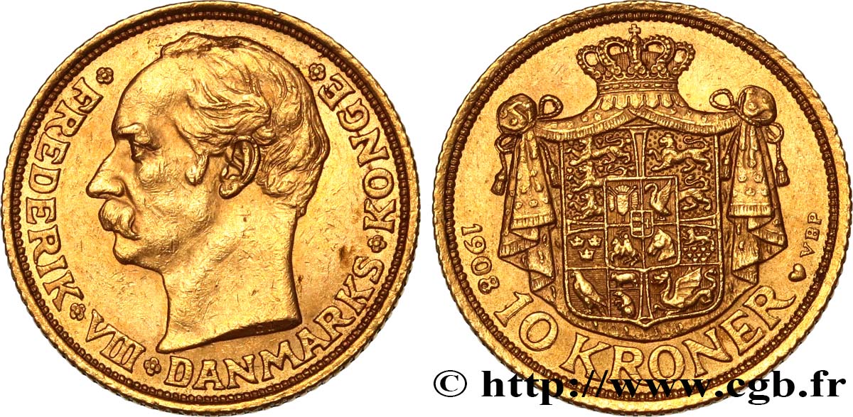 DANEMARK - ROYAUME DE DANEMARK - FRÉDÉRIC VIII 10 Kroner 1908 Copenhague SUP 
