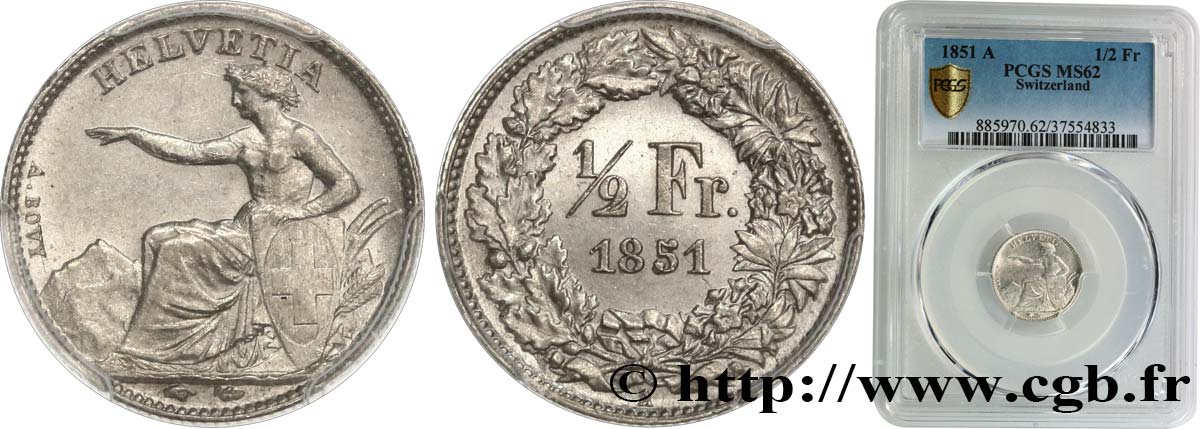 SWITZERLAND 1/2 Franc Helvetia 1851 Paris MS62 PCGS