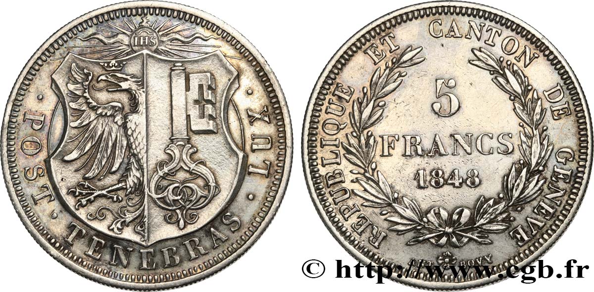 SUISSE - RÉPUBLIQUE DE GENÈVE 5 Francs 1848  TTB+ 