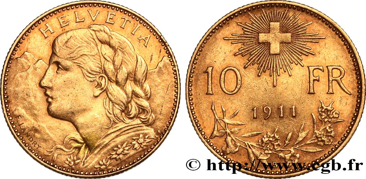 SCHWEIZ 10 Francs  Vreneli  1911 Berne SS 