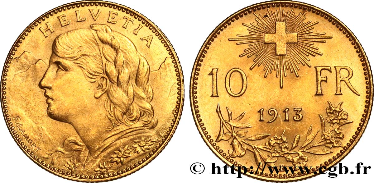 SCHWEIZ 10 Francs  Vreneli  1913 Berne VZ 