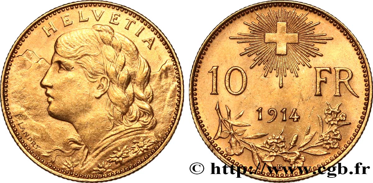SUIZA 10 Francs  Vreneli  1914 Berne SC 