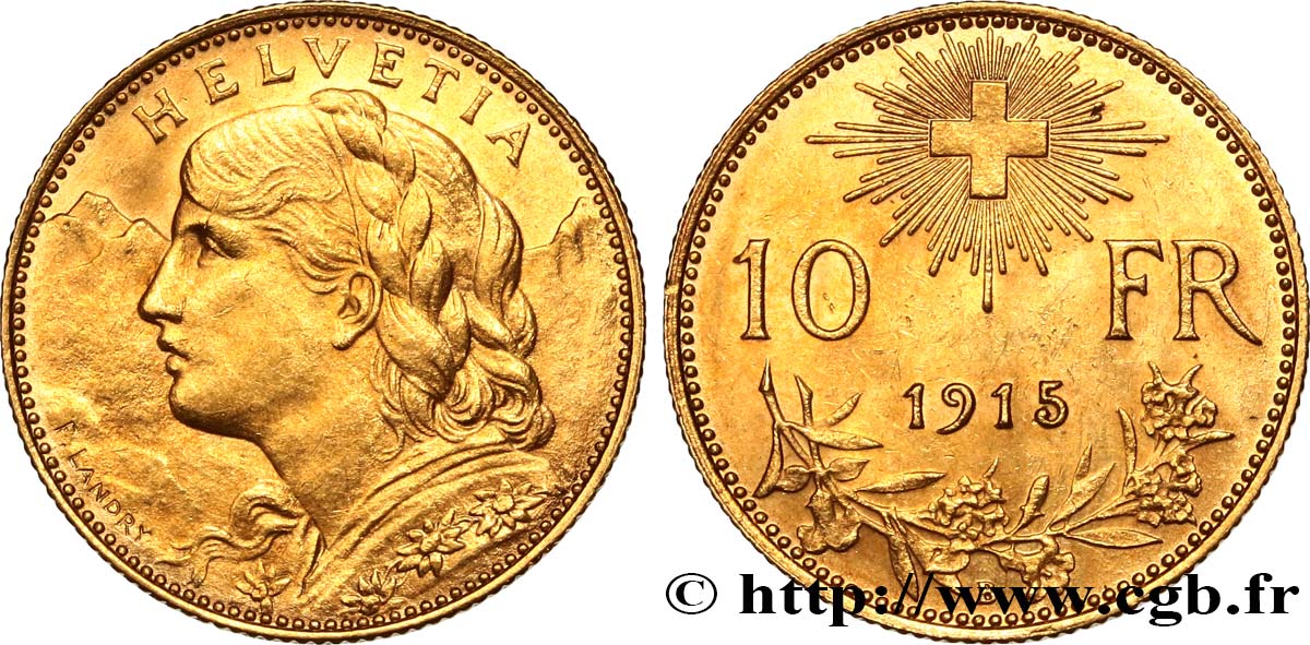 SWITZERLAND 10 Francs  Vreneli  1915 Berne  AU 