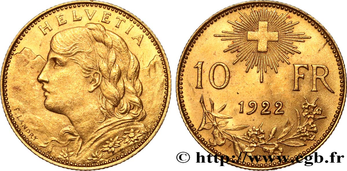 SUIZA 10 Francs  Vreneli  1922 Berne EBC 
