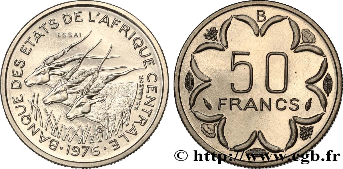 STATI DI L&nbsp; AFRICA CENTRALE Essai de 50 Francs antilopes lettre ‘B’ République Centrafricaine 1976 Paris FDC 