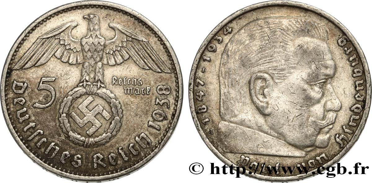 DEUTSCHLAND 5 Reichsmark Maréchal Paul von Hindenburg 1938 Berlin SS 