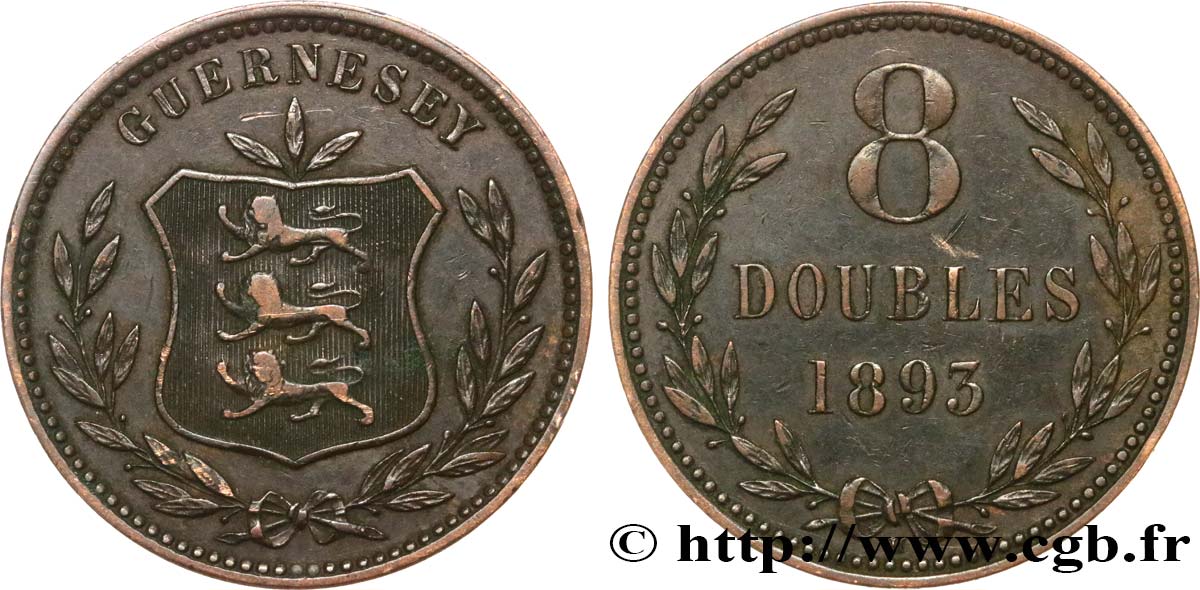 GUERNSEY 8 Doubles armes du baillage de Guernesey 1893 Heaton XF 