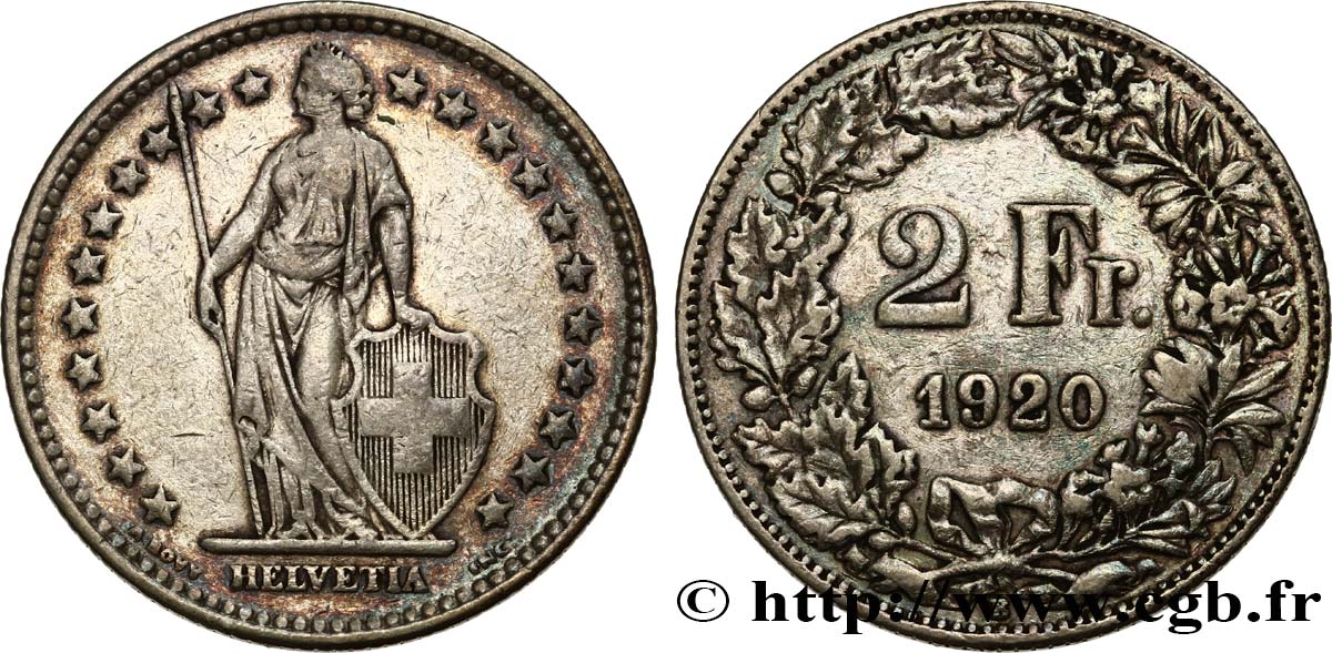 SUIZA 2 Francs Helvetia 1920 Berne BC+ 