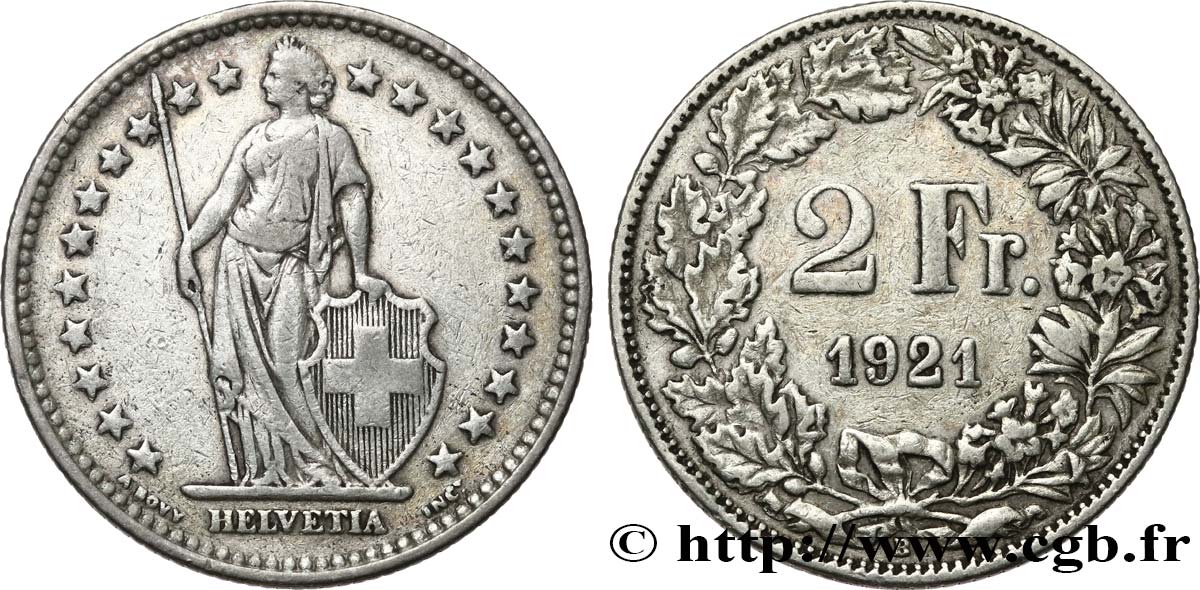 SWITZERLAND 2 Francs Helvetia 1921 Berne VF 