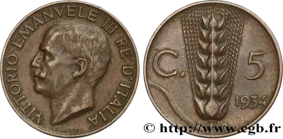ITALIA 5 Centesimi Victor Emmanuel III 1934 Rome - R q.SPL 