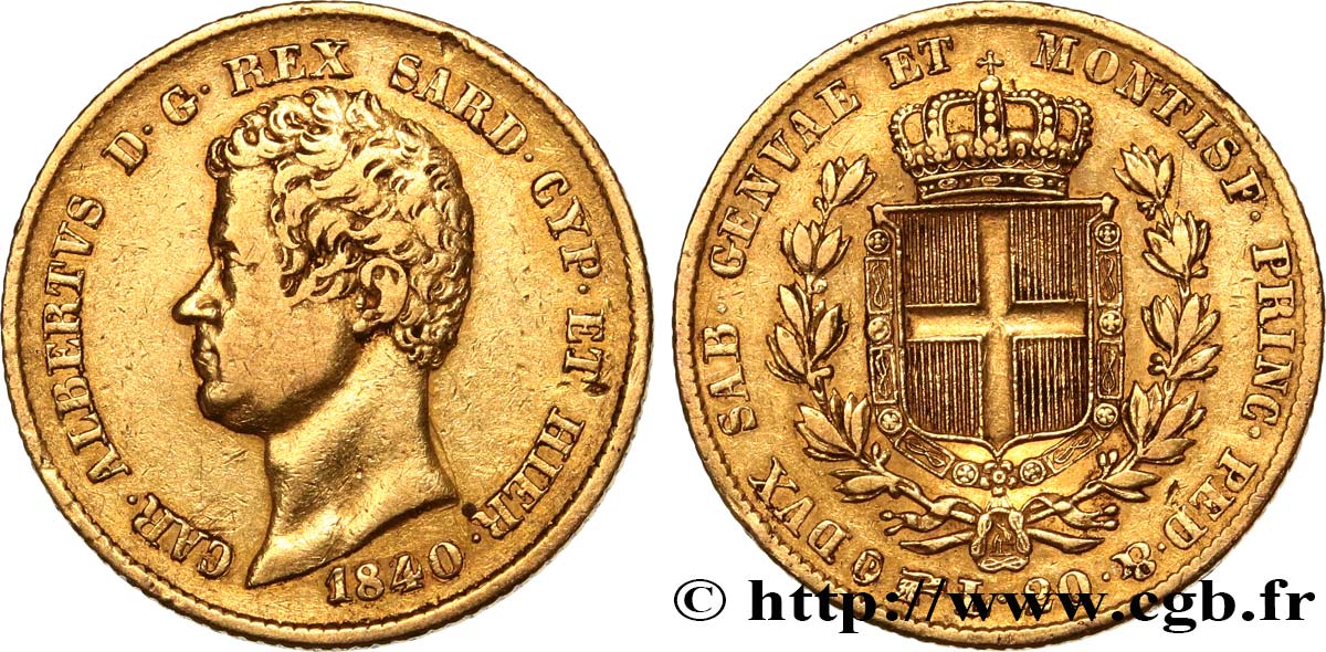 INVESTMENT GOLD 20 Lire or Charles Albert 1840 Turin VF 