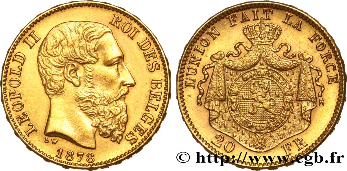 INVESTMENT GOLD 20 Francs or Léopold II 1878 Bruxelles SPL 