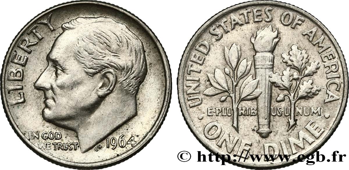 STATI UNITI D AMERICA 1 Dime (10 Cents) Roosevelt 1964 Philadelphie q.SPL 