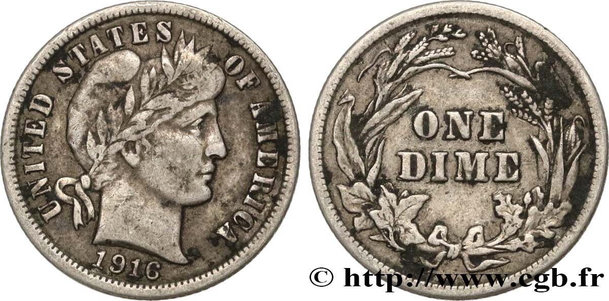 UNITED STATES OF AMERICA 1 Dime Barber 1916 Philadelphie XF 