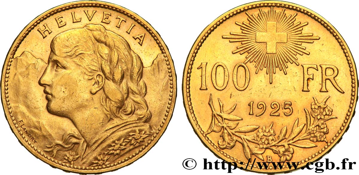 SVIZZERA  100 Francs  Vreneli  1925 Berne SPL 