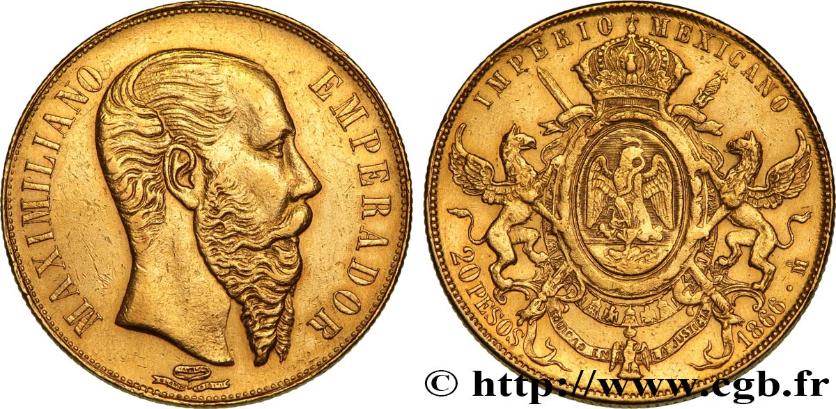 MEXIQUE - MAXIMILIEN Ier 20 Pesos 1866 Mexico MBC+ 