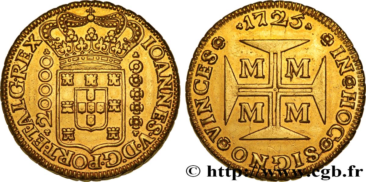 PORTUGAL Dobraa de 20.000 Reis Jean V 1725 Minas Gerais AU 