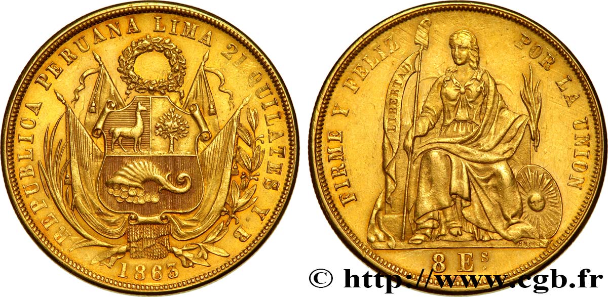 PERU - REPUBLIC 8 Escudos 1863 Lima AU 